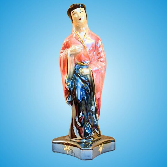 Tall mid-century Hollywood Regency lusterware Chinese pink black gold statuette - Picture 16 of 16